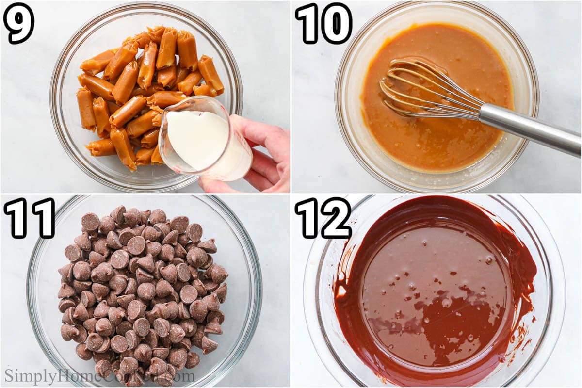 Steps to make Twix Cookies: melt the caramel with heavy cream and mix with whisk, then melt the chocolate chips.