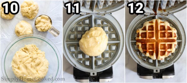 Steps to make Belgian Liege Waffles: portion out the waffle dough and bake it to a golden brown in a waffle maker.