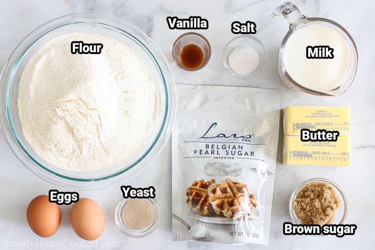 Ingredients for Belgian Liege Waffles: flour, vanilla, salt, milk, butter, eggs, yeast Belgian pearl sugar, and brown sugar.