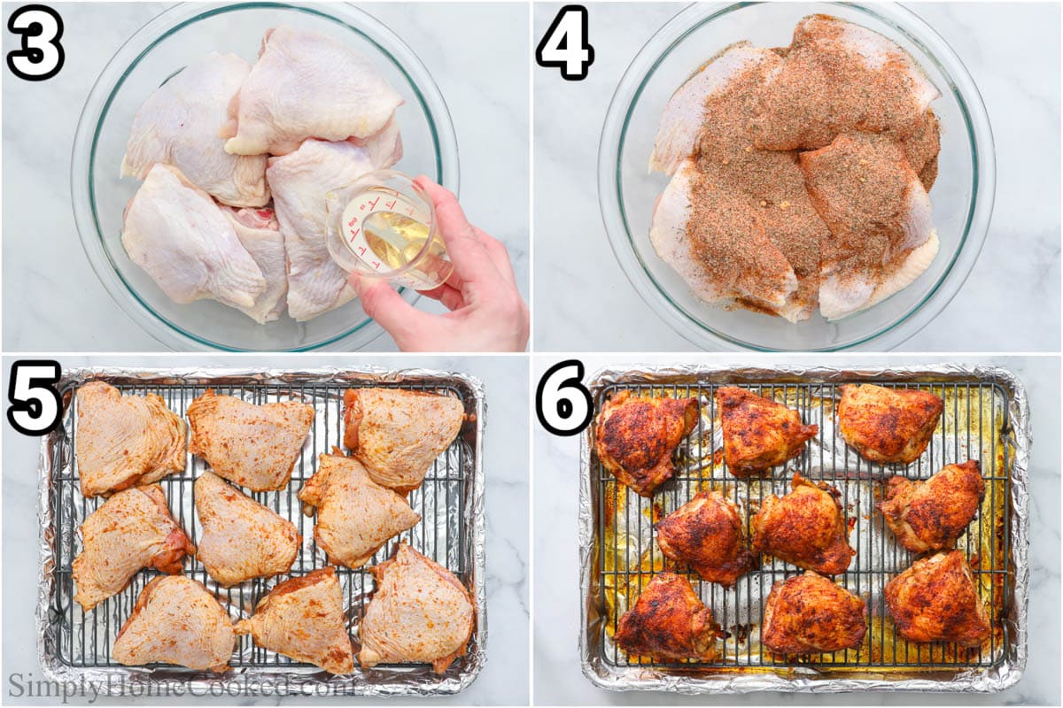 Steps to make Crispy Baked Chicken Thighs: add oil to the chicken and rub it in, then add the spices, and bake on a wire rack.