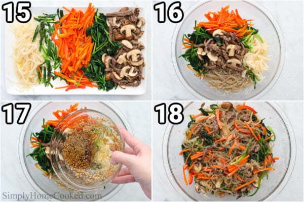 Steps to make Easy Japchae: lay out the cooked vegetables, then mix them with the noodles, add the sauce, and then mix in the meat.