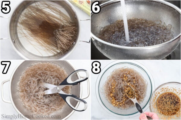 Steps to make Easy Japchae: cook the glass noodles, then rinse them in cold water and cut them before adding some of the sauce.