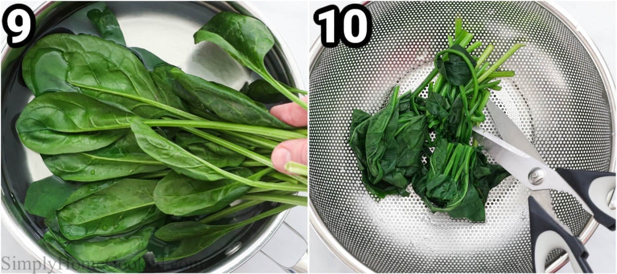 Steps to make Easy Japchae: blanch the spinach and then cut it into smaller pieces.