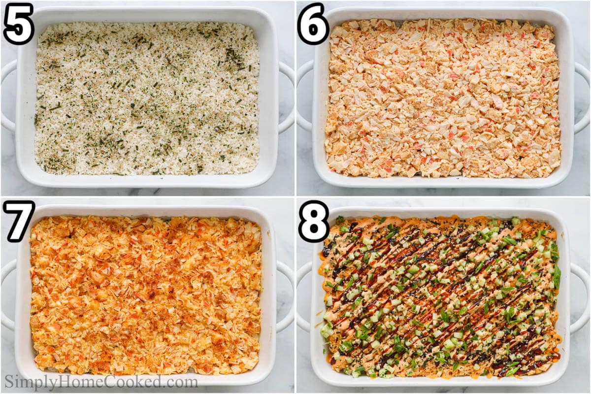 Steps to make Sushi Bake: layer the sushi rice, furikake, and shrimp mixture, then broil it and top with spicy mayo and unagi sauce.