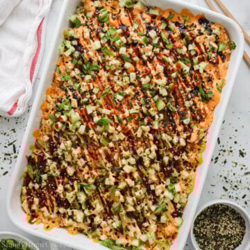 Sushi Bake in a casserole dish.