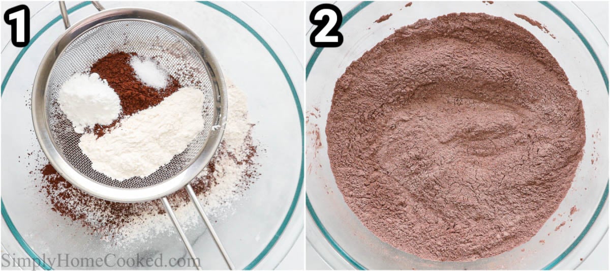 Steps to make Chocolate Pancakes: sift the flour, cocoa powder, salt, and baking powder into a bowl and mix.