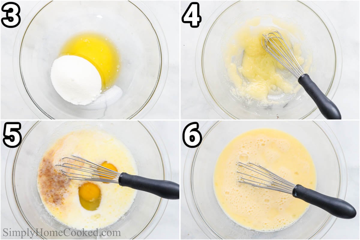 Steps to make Chocolate Pancakes: cream the butter and sugar together, then whisk in the eggs, milk, and vanilla.