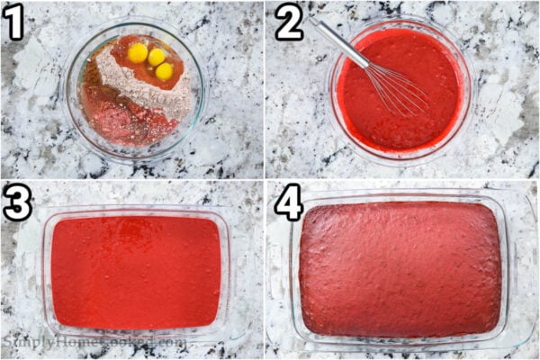 Steps to make Red Velvet Cake Balls: combine eggs, oil, cake mix, and water with a whisk, then pour the batter in a baking pan and bake.